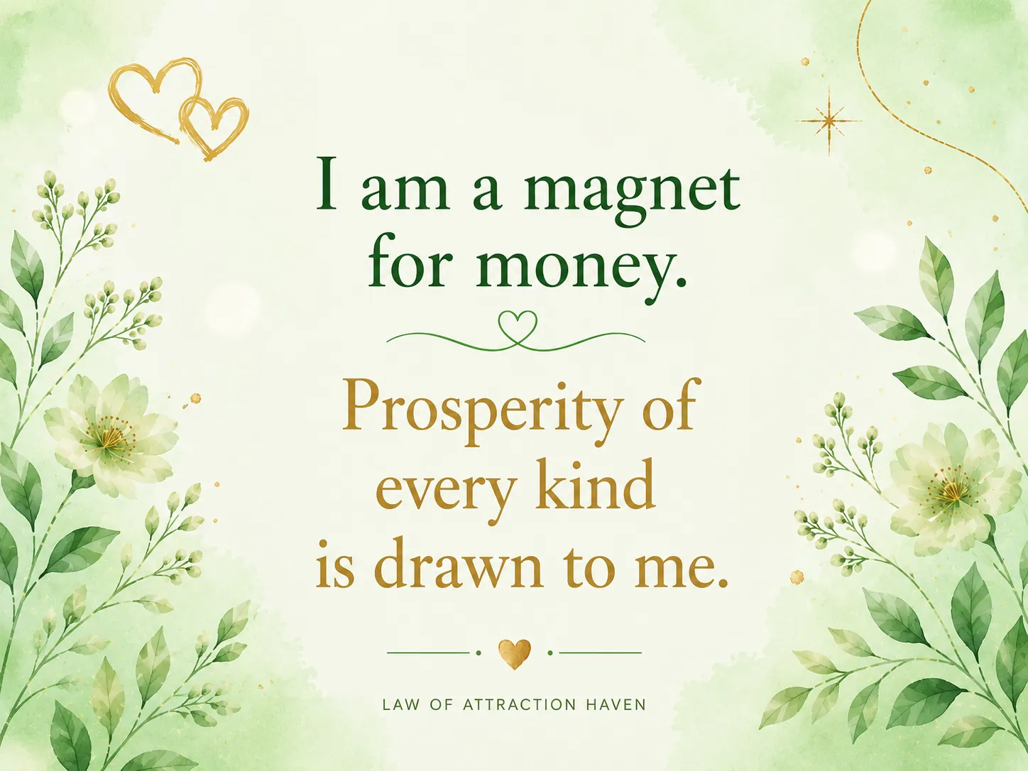 I am a magnet for money. Prosperity of every kind is drawn to me. I am a magnet for money. Prosperity of every kind is drawn to me.