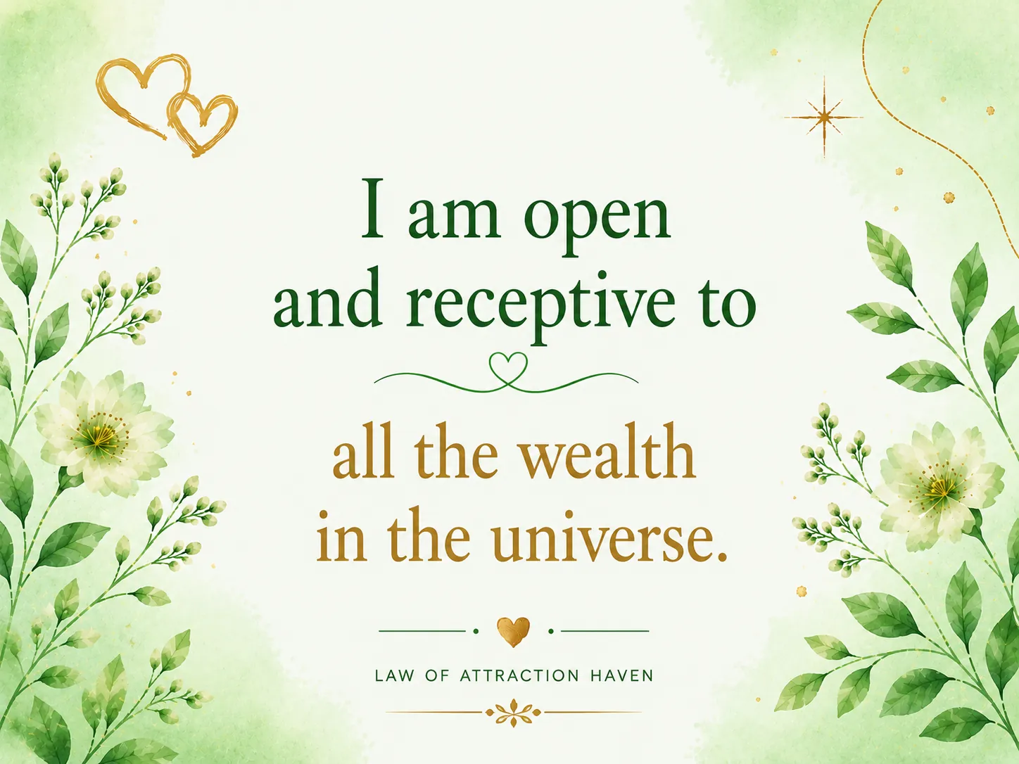 I am open and receptive to all the wealth in the universe. I am open and receptive to all the wealth in the universe.