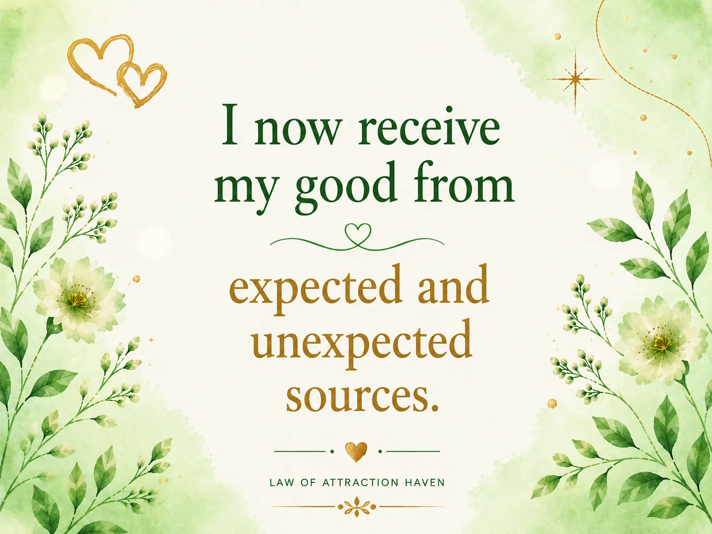 I now receive my good from expected and unexpected sources. I now receive my good from expected and unexpected sources.