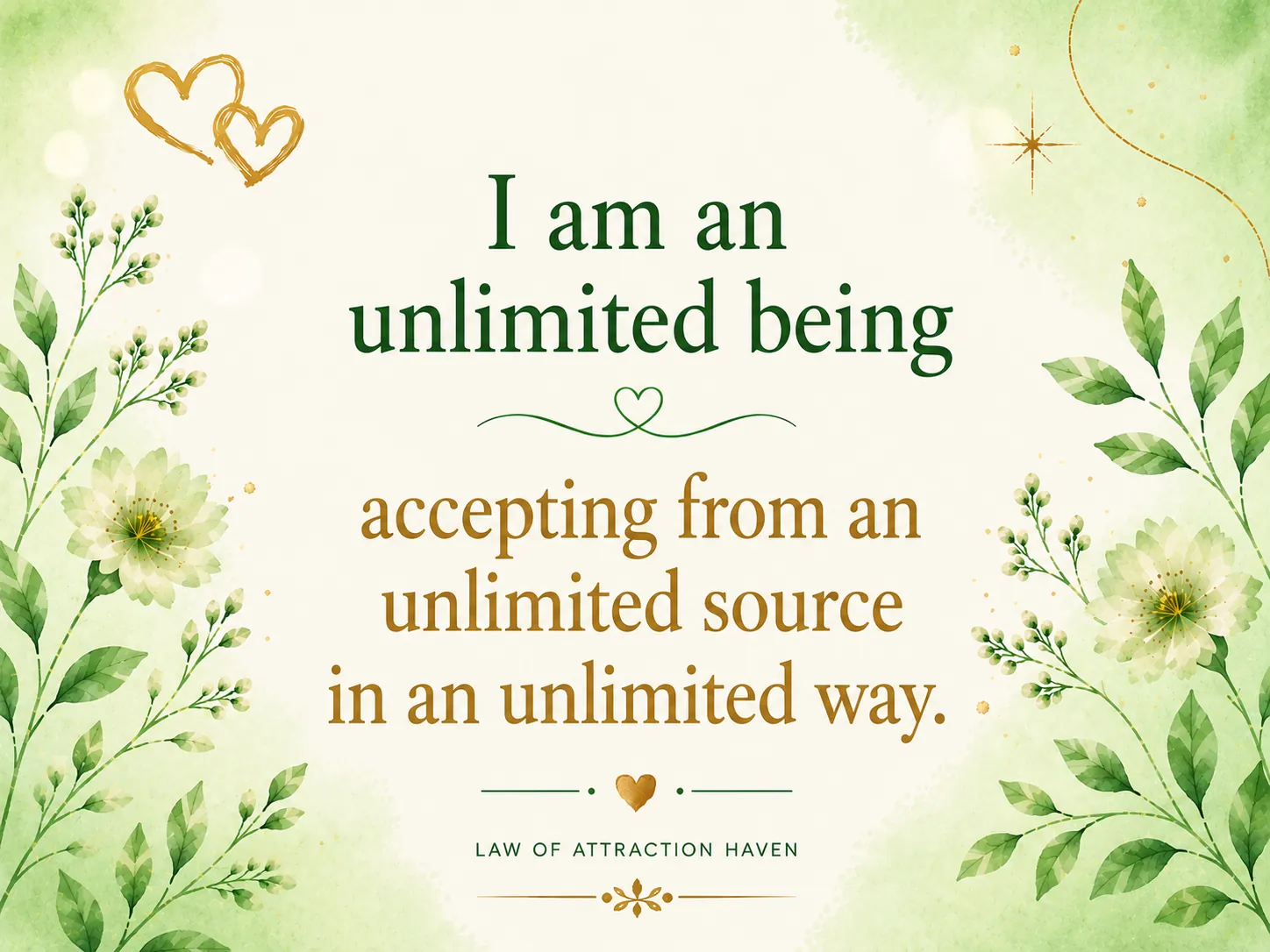 I am an unlimited being accepting from an unlimited source in an unlimited way. I am an unlimited being accepting from an unlimited source in an unlimited way.