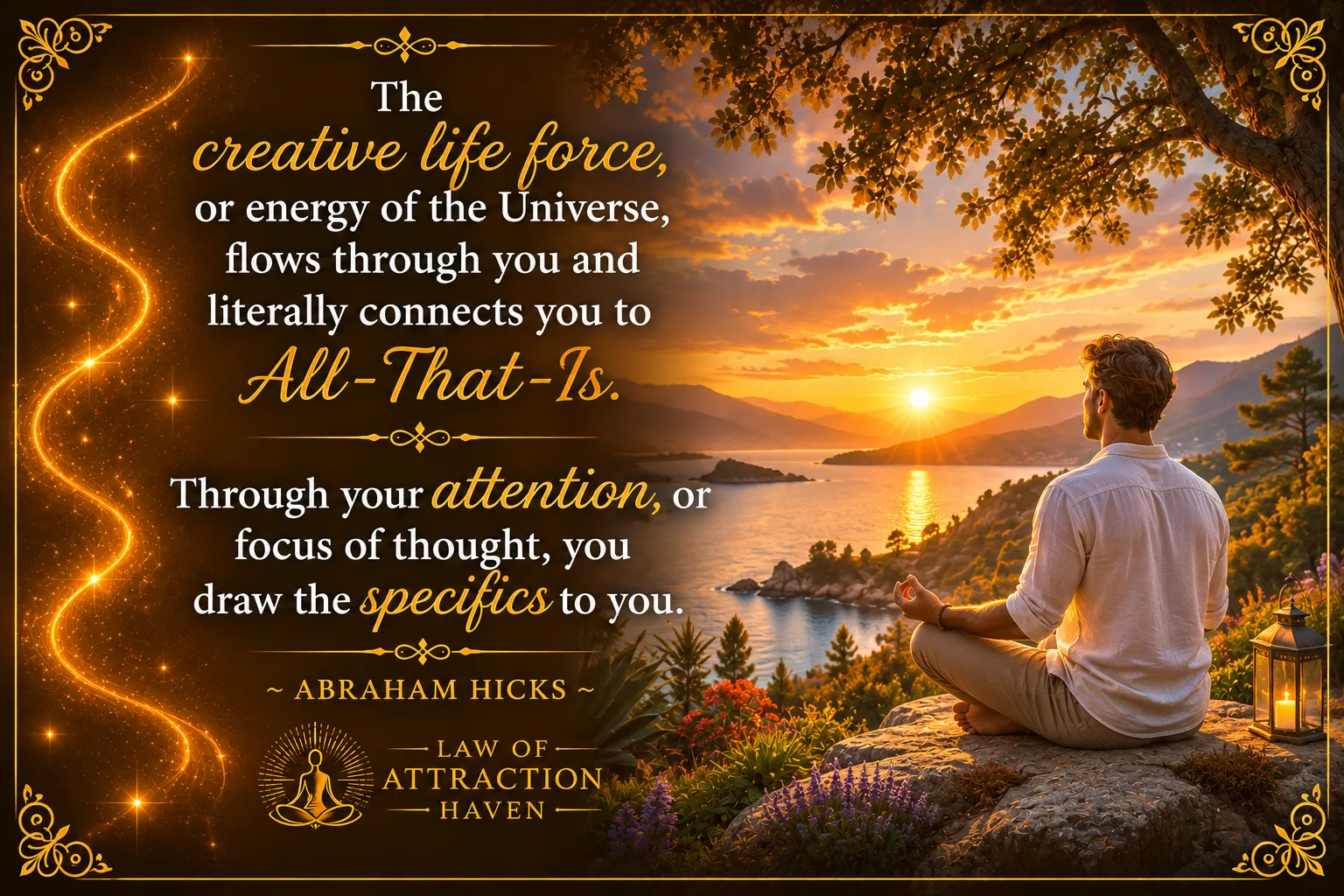 "The creative life force, or energy of the Universe, flows through you and literally connects you to All-That-Is. Through your attention, or focus of thought, you draw the specifics to you."
