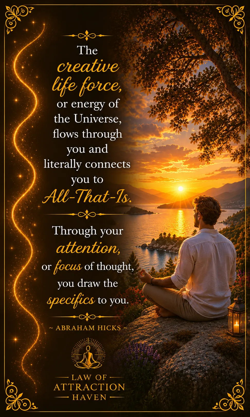 "The creative life force, or energy of the Universe, flows through you and literally connects you to All-That-Is. Through your attention, or focus of thought, you draw the specifics to you."