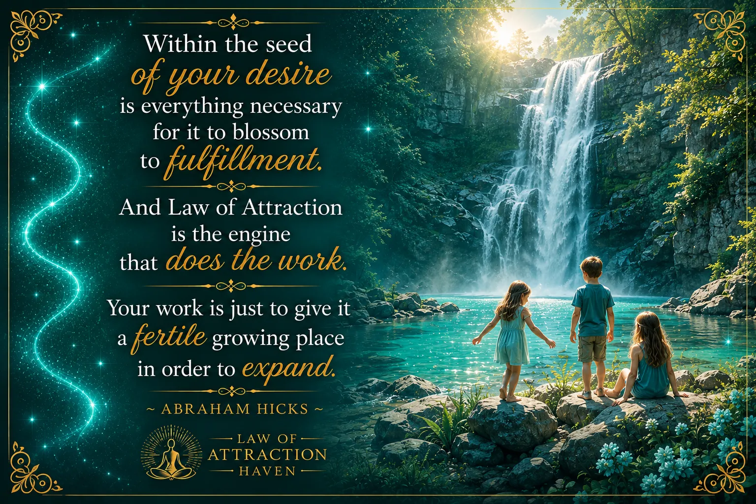 "Within the seed of your desire is everything necessary for it to blossom to fulfillment. And Law of Attraction is the engine that does the work. Your work is just to give it a fertile growing place in order to expand."