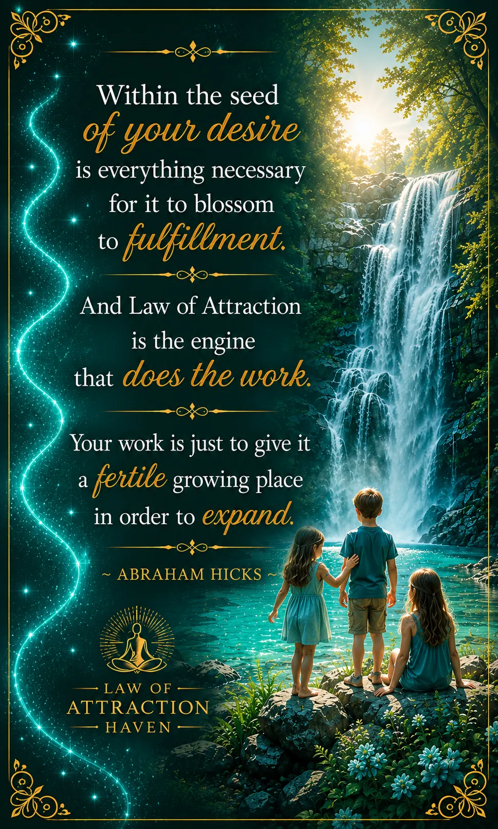 "Within the seed of your desire is everything necessary for it to blossom to fulfillment. And Law of Attraction is the engine that does the work. Your work is just to give it a fertile growing place in order to expand."