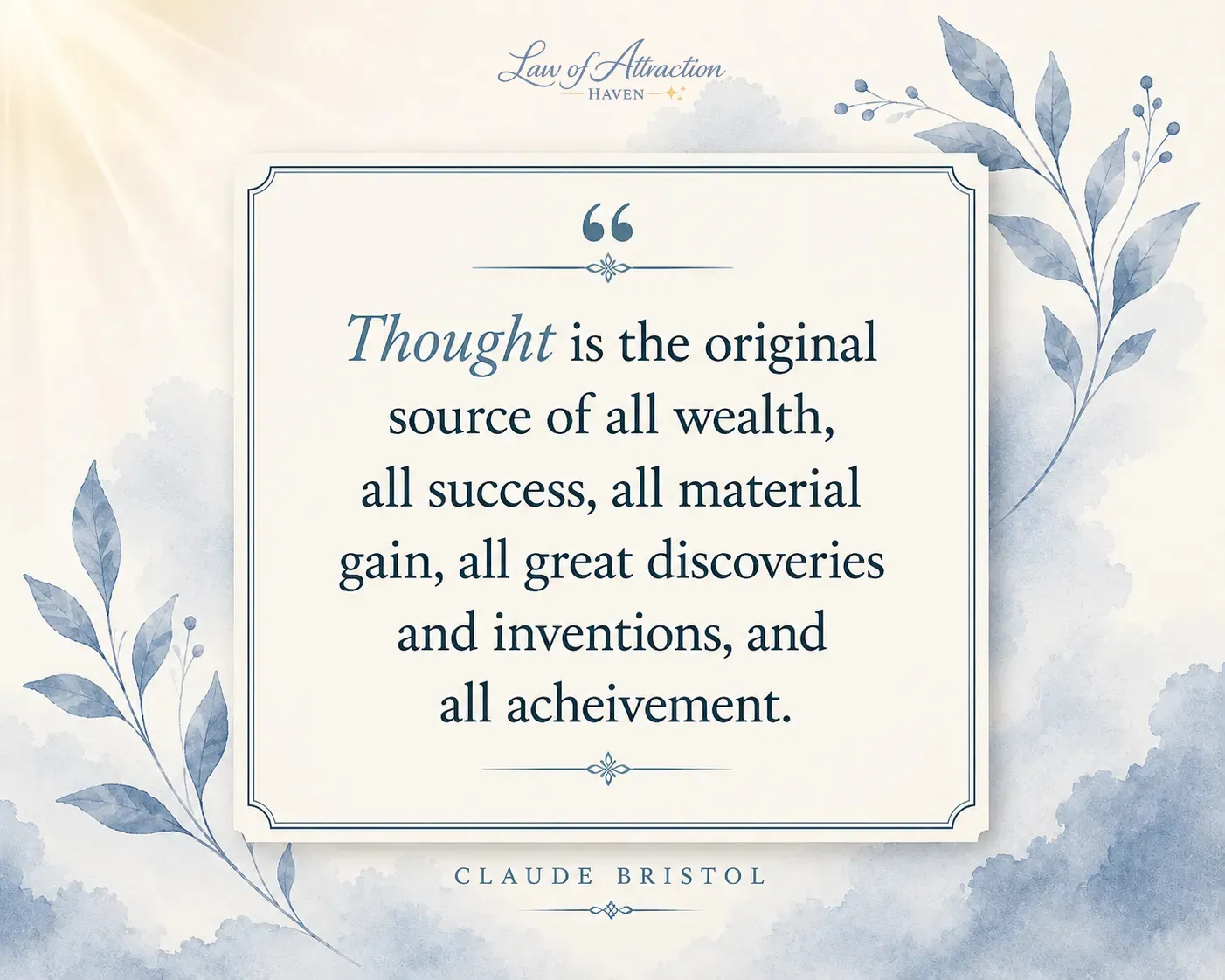 Thought is the original source of all wealth, all success, all material gain, all great discoveries and inventions, and all achievement.