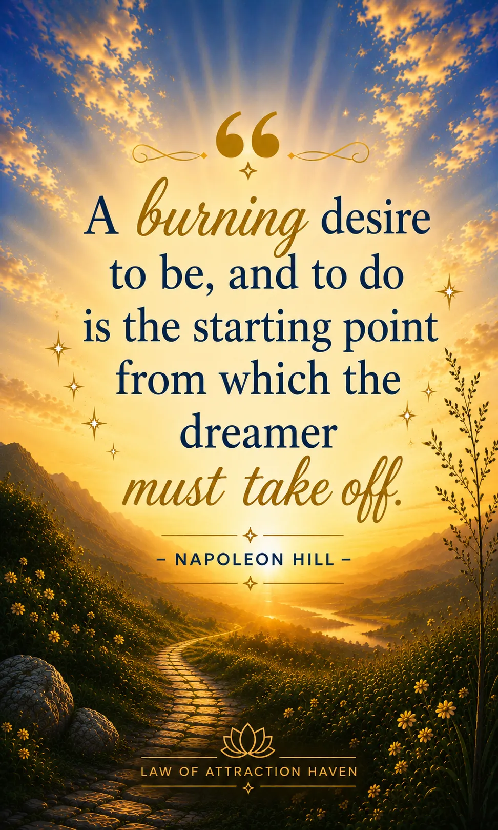 A burning desire to be, and to do is the starting point from which the dreamer must take off. A burning desire to be, and to do is the starting point from which the dreamer must take off.