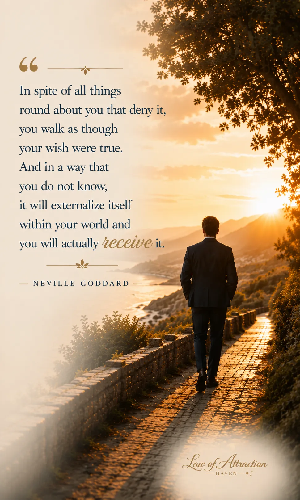 "In spite of all things round about you that deny it, you walk as though your wish were true. And in a way that you do not know, it will externalize itself within your world and you will actually receive it."