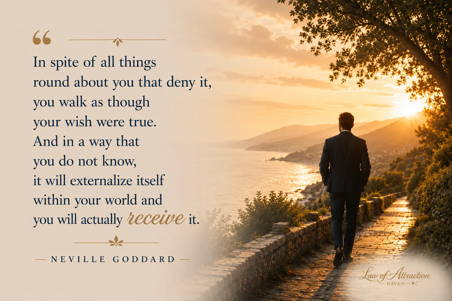 "In spite of all things round about you that deny it, you walk as though your wish were true. And in a way that you do not know, it will externalize itself within your world and you will actually receive it."