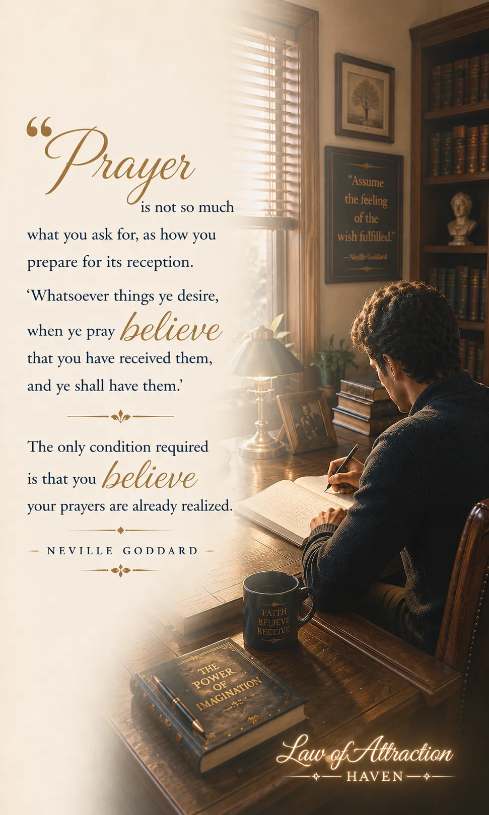 "Prayer is not so much what you ask for, as how you prepare for its reception. 'Whatsoever things ye desire, when ye pray believe that you have received them, and ye shall have them.' The only condition required is that you believe your prayers are already realized."