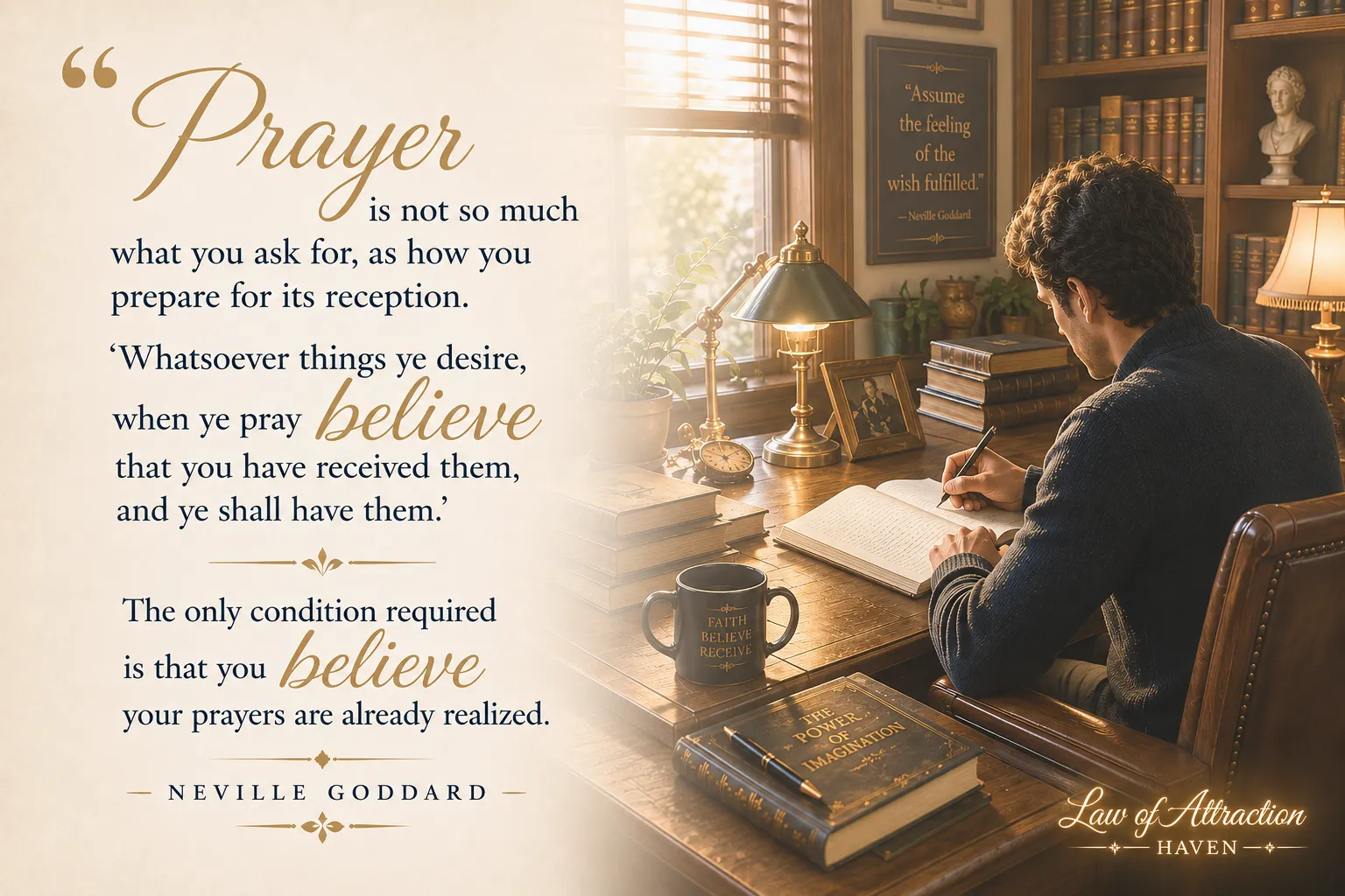 "Prayer is not so much what you ask for, as how you prepare for its reception. 'Whatsoever things ye desire, when ye pray believe that you have received them, and ye shall have them.' The only condition required is that you believe your prayers are already realized."