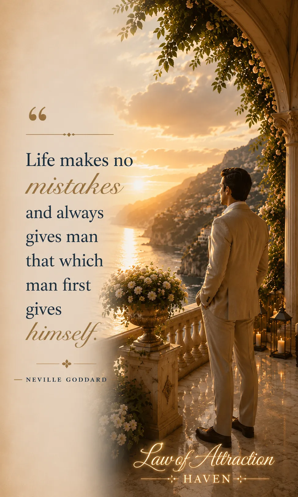 "Life makes no mistakes and always gives man that which man first gives himself."