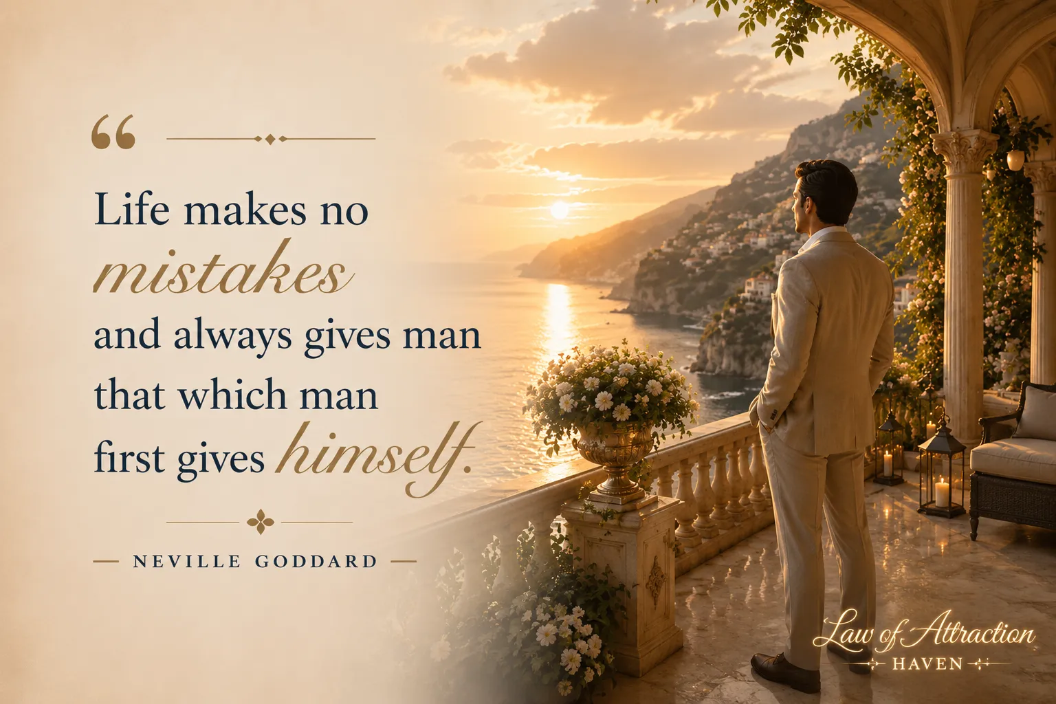 "Life makes no mistakes and always gives man that which man first gives himself."