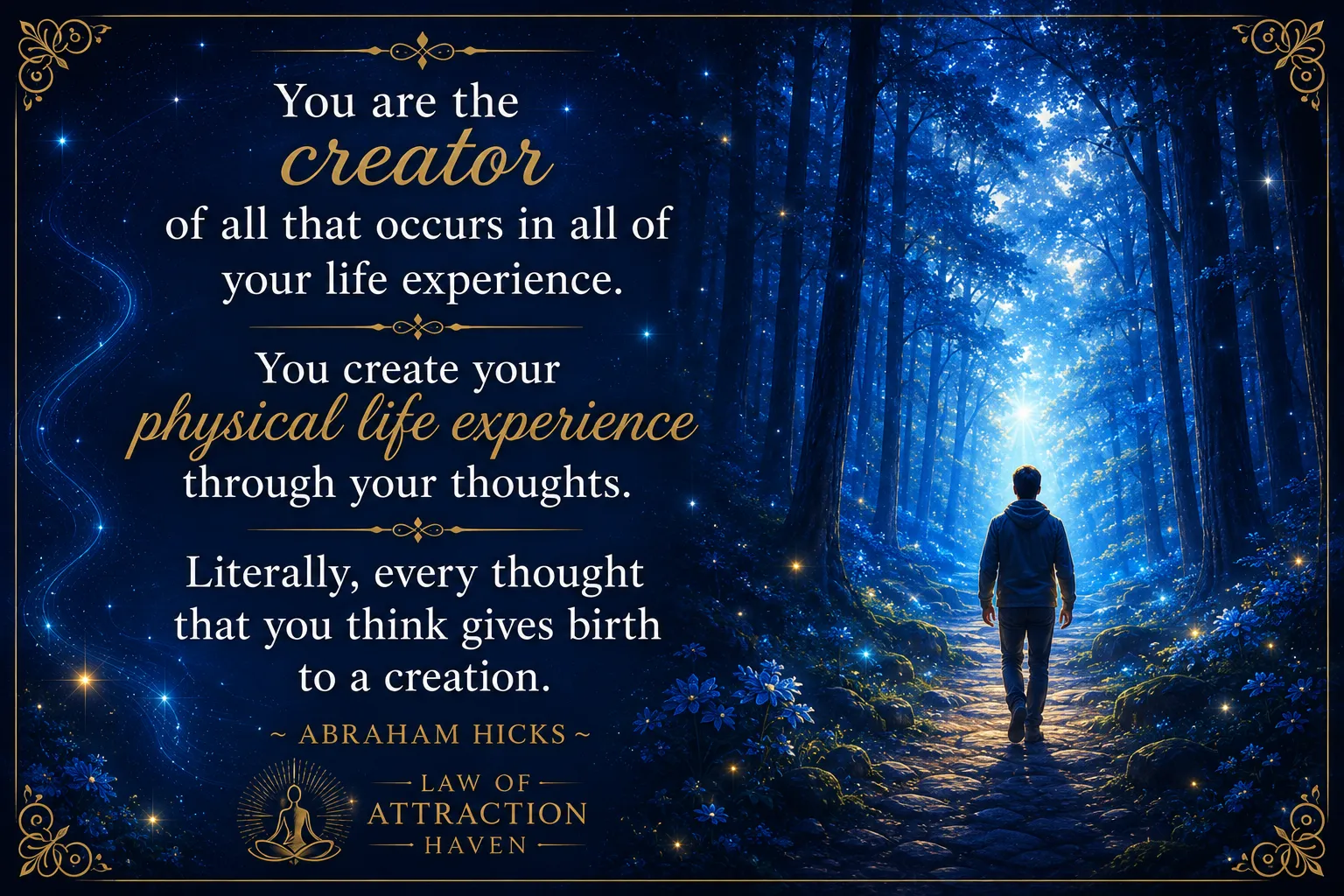 "You are the creator of all that occurs in all of your life experience. You create your physical life experience through your thoughts. Literally, every thought that you think gives birth to a creation."